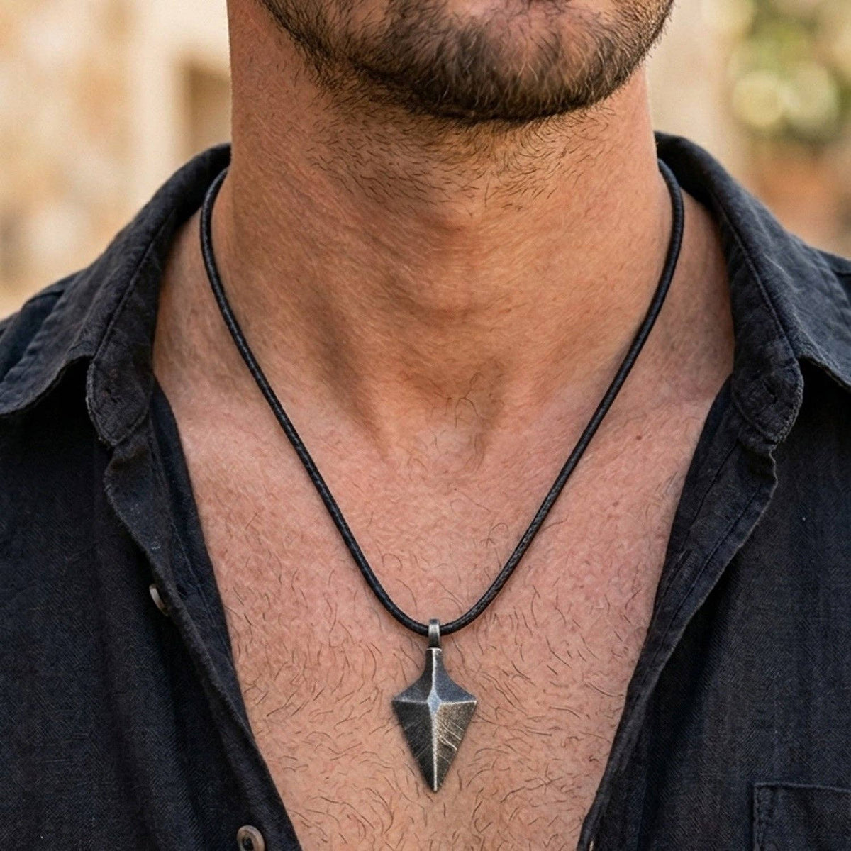 Diamond Matte Black-Gray Arrowhead Necklace on Adjustable Cord