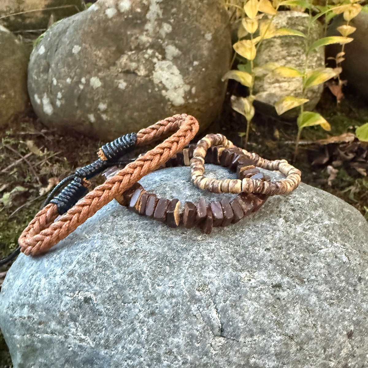 Earth-Tone Leather & Wood Bead Adjustable Wristband Set of 3