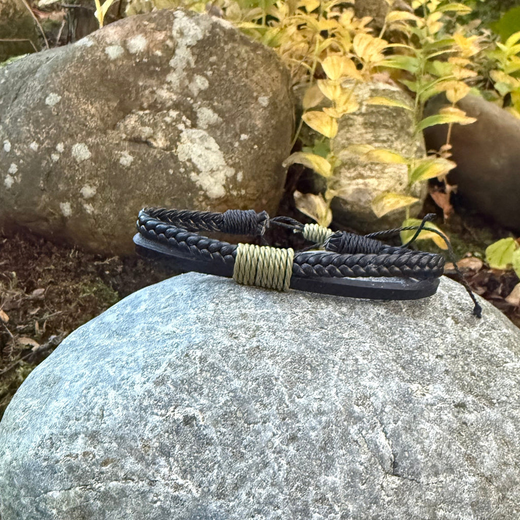 Black Leather Multi-Strand Bracelet with Olive Green Cord Wrap