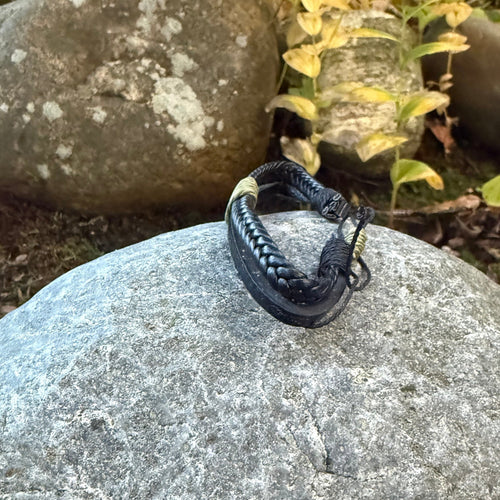 Black Leather Multi-Strand Bracelet with Olive Green Cord Wrap