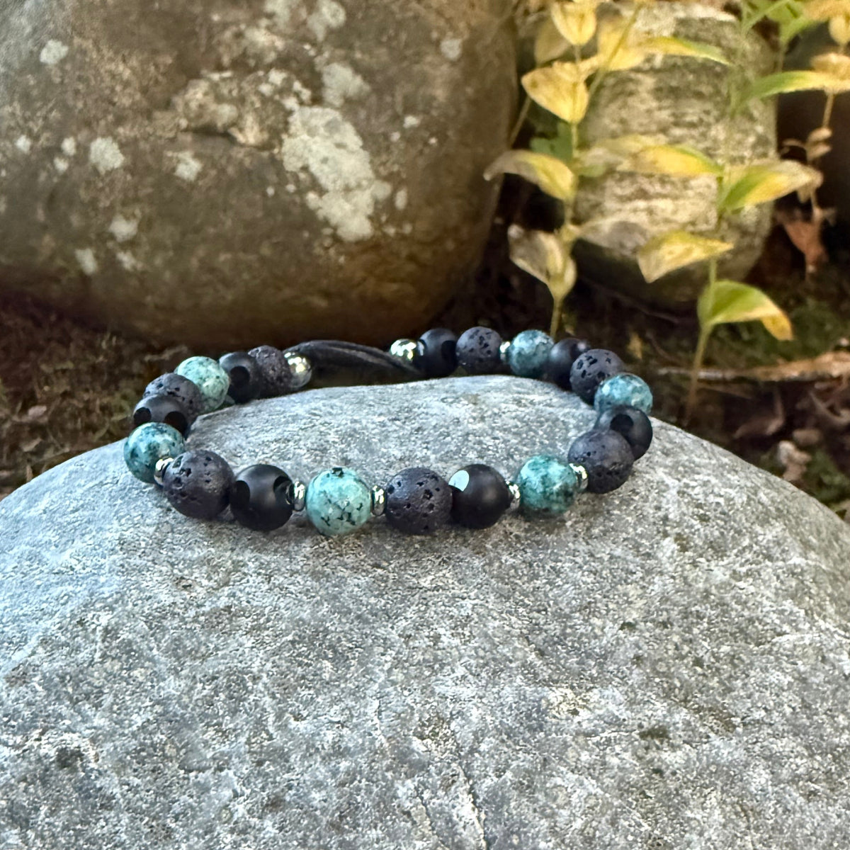 Turquoise, Lava Rock, and Matte Onyx Natural Stone Beaded Bracelet